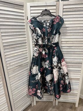 eshakti Dark Teal Floral Midi Dress with Pink & Cream Blooms